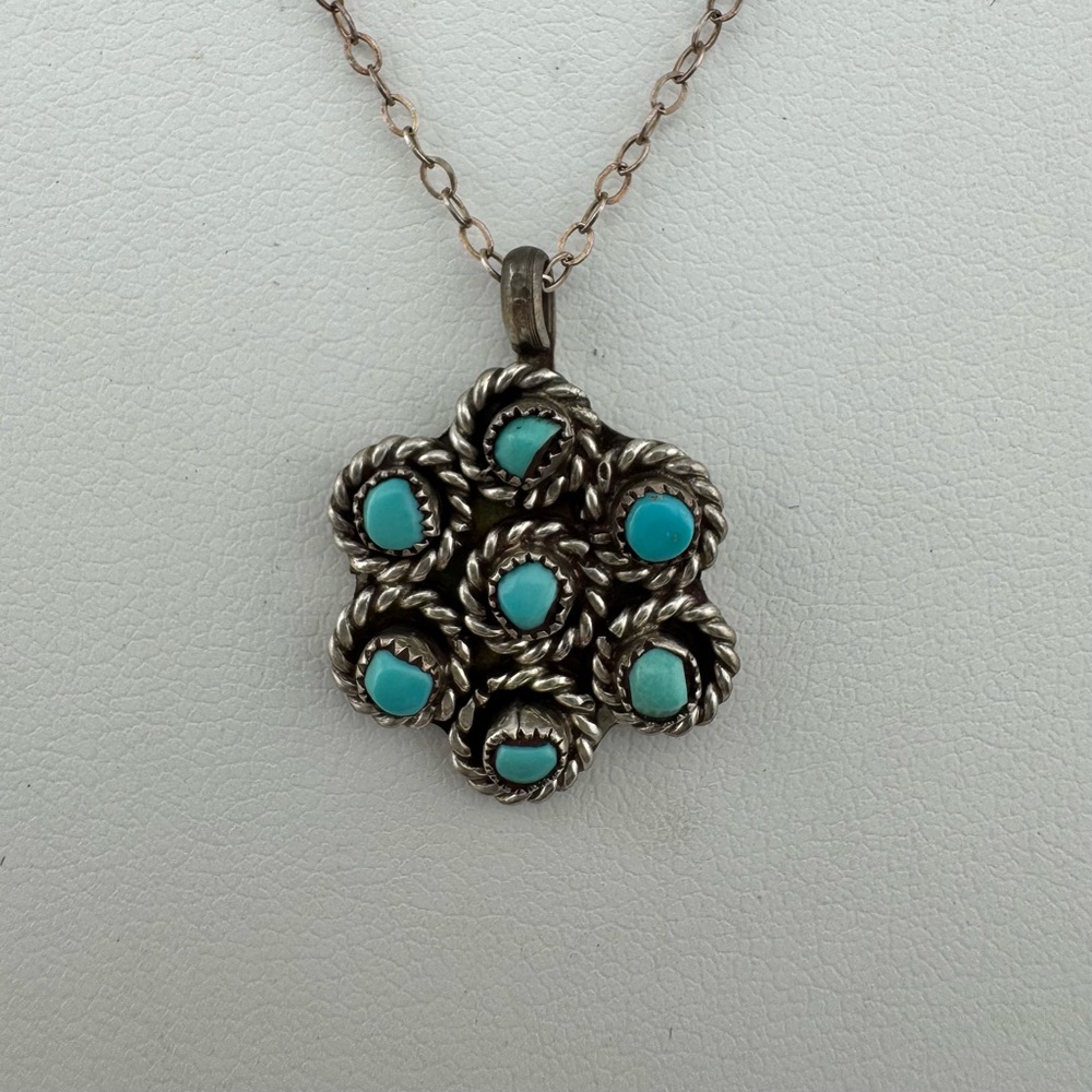 Vintage Sterling Rope with Petite Turquoise Cluster Pendant Necklace -